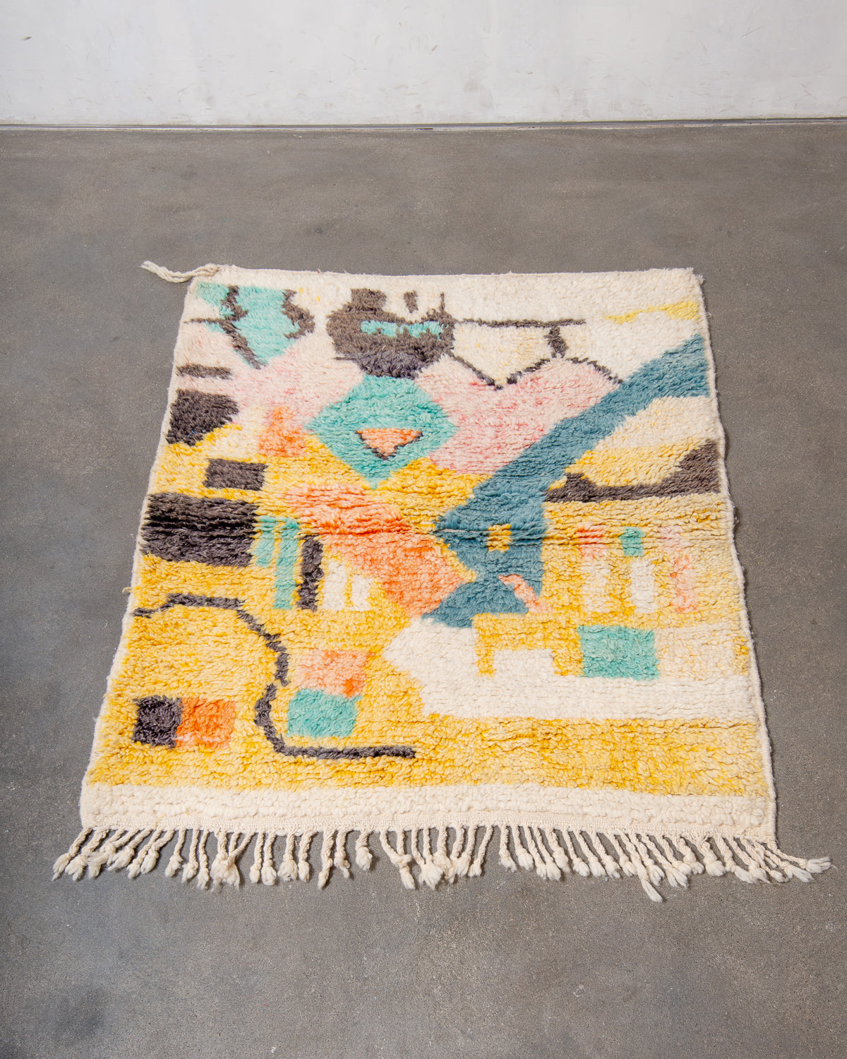 Modern, designer, handcrafted Berber rug from Morocco. Vintage carpet with beautiful colours and patterns and fluffy texture.